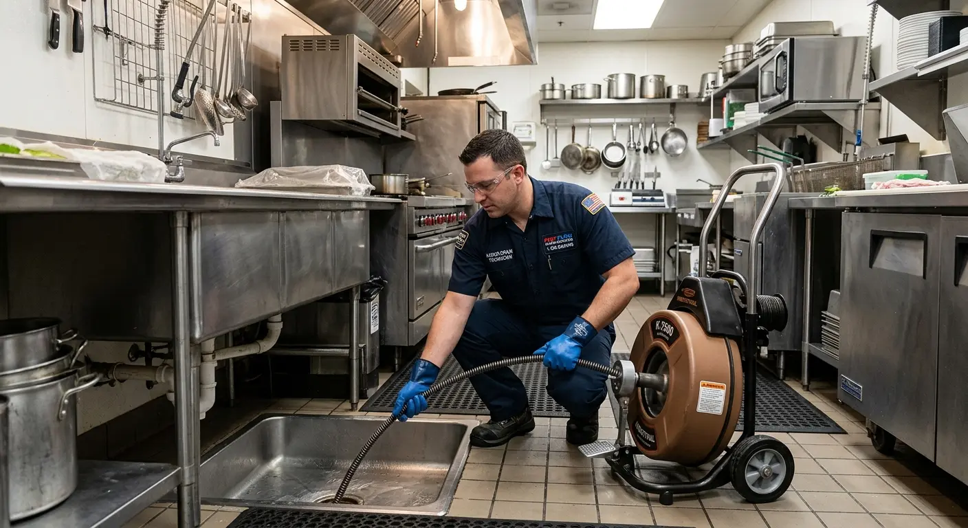 Commercial drain cleaning service in a restaurant kitchen in View Park-Windsor Hills