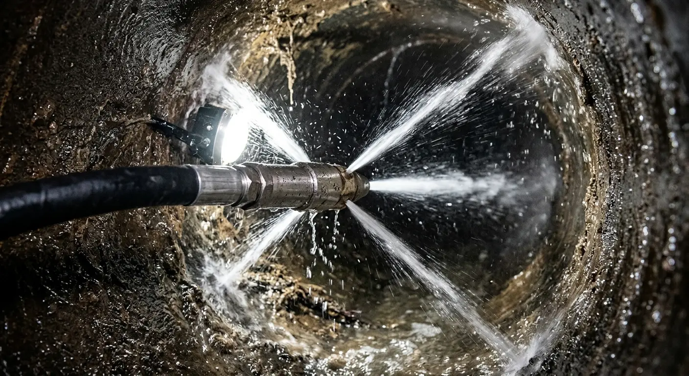 High-pressure hydro jetting nozzle cleaning sewer pipe for Trenchless Sewer Repair in View Park-Windsor Hills