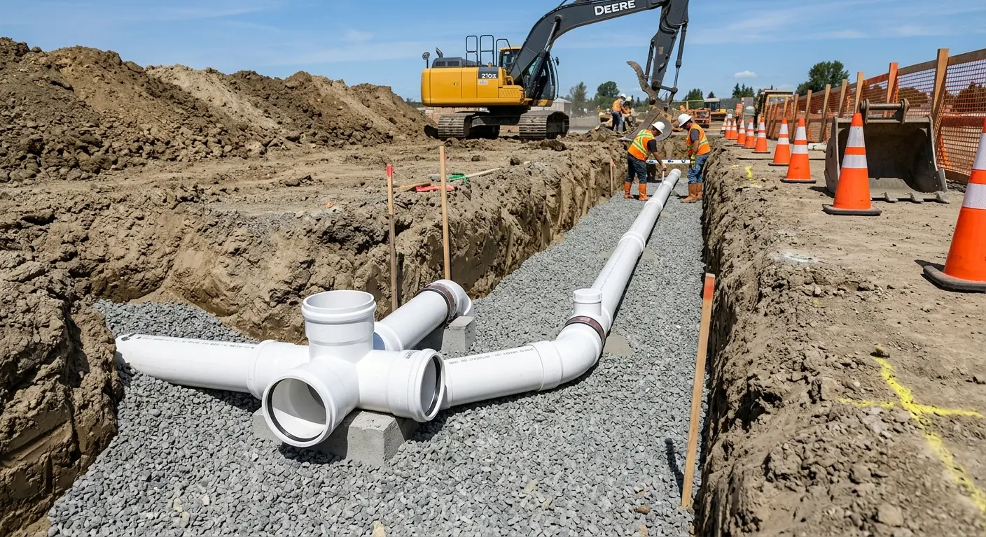 New PVC sewer pipe installation in open trench for Commercial Drain Cleaning in View Park-Windsor Hills