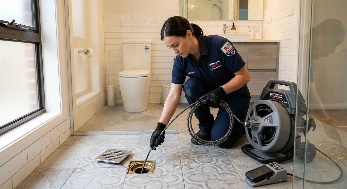 Technician clearing a bathroom floor drain for Sewer Line Replacement in View Park-Windsor Hills